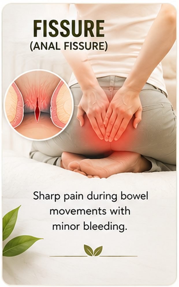 Anal fissure symptoms illustration — sharp pain and burning during bowel movement