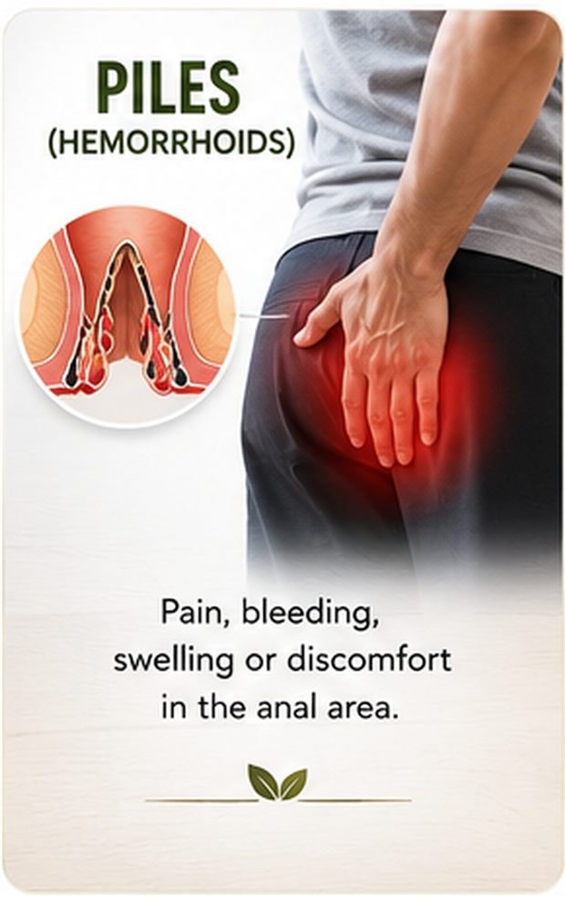 Piles (bawaseer) symptoms illustration — pain, bleeding and swelling in the anal area